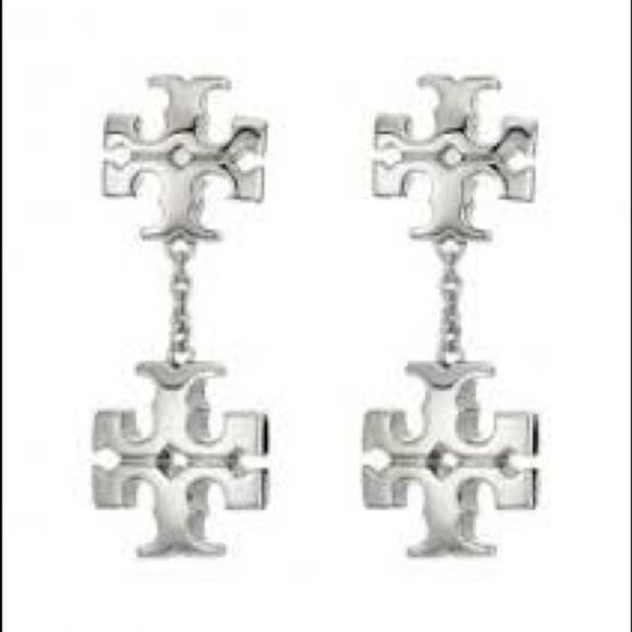 NWOT Tory Burch Silver Double Logo Dangle Stud Earirngs - Picture 1 of 6